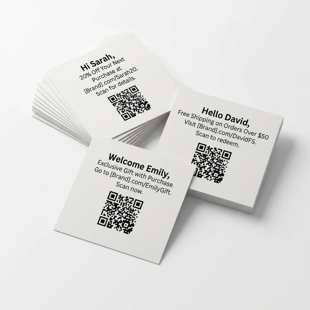 Variable data printed postcards featuring personalized offers, unique QR codes, and custom URLs per recipient