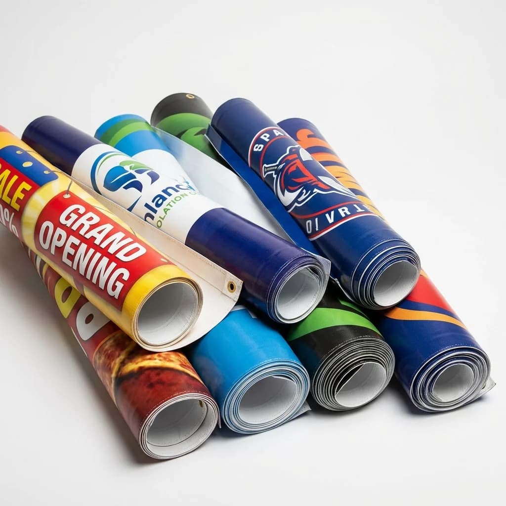 Collection of custom vinyl banners in various sizes with vibrant full color printing on heavy duty vinyl