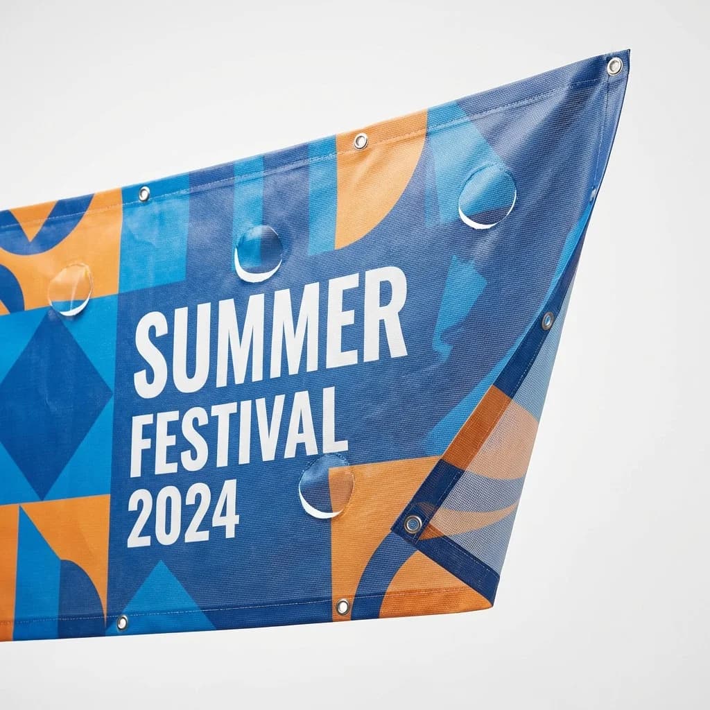 Mesh vinyl banner with wind slits and visible hemmed edges and grommets for outdoor event use