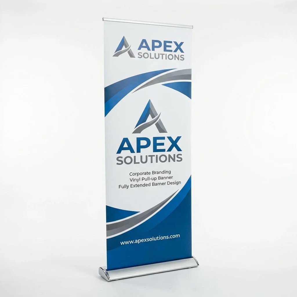 Retractable vinyl banner stand with corporate branding design for trade show display